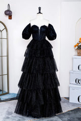 Black Ruffles A-line Long Formal Dress with Short Sleeves