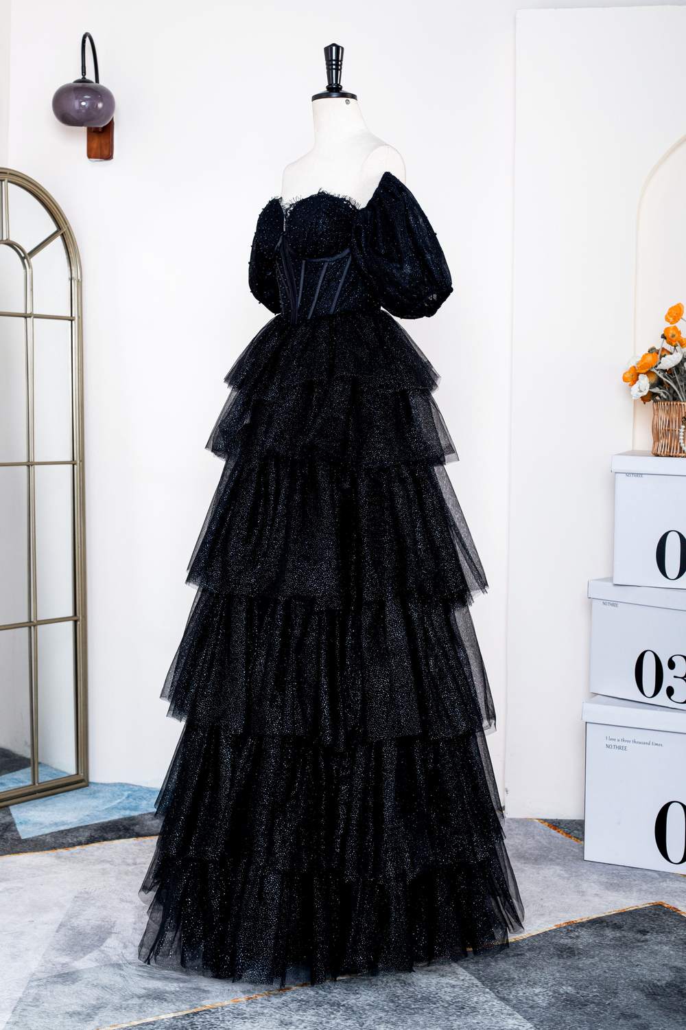 Black Ruffles A-line Long Formal Dress with Short Sleeves