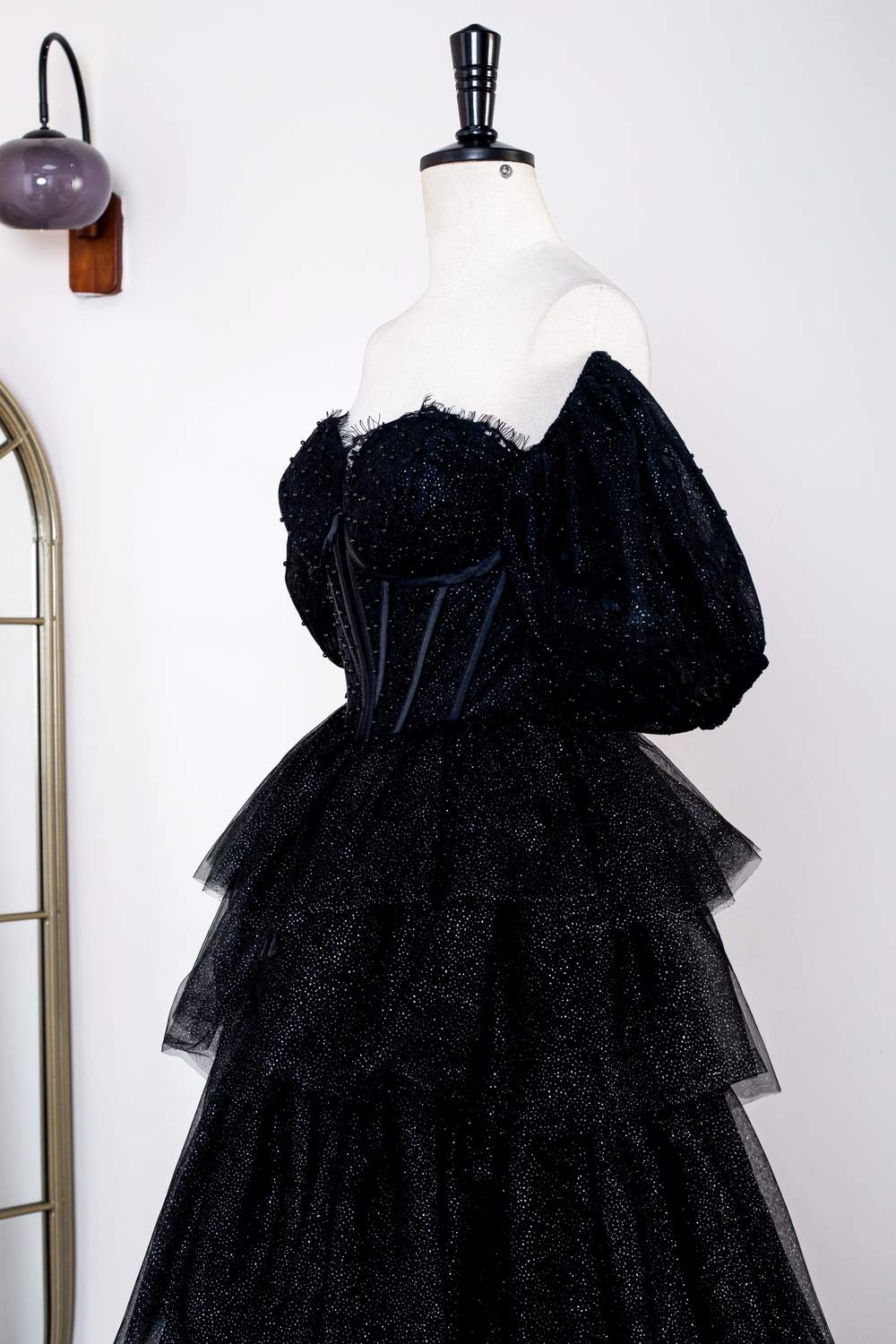 Black Ruffles A-line Long Formal Dress with Short Sleeves