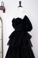 Black Ruffles A-line Long Formal Dress with Short Sleeves