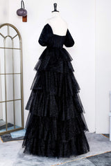 Black Ruffles A-line Long Formal Dress with Short Sleeves