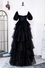 Black Ruffles A-line Long Formal Dress with Short Sleeves