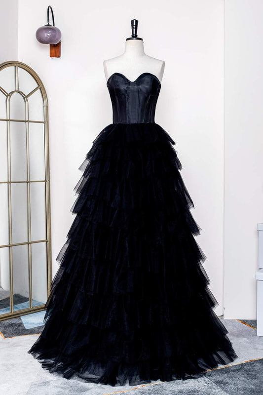 Sweetheart Black Tiered Ruffles Formal Dress