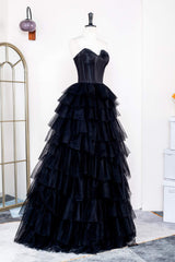 Sweetheart Black Tiered Ruffles Formal Dress