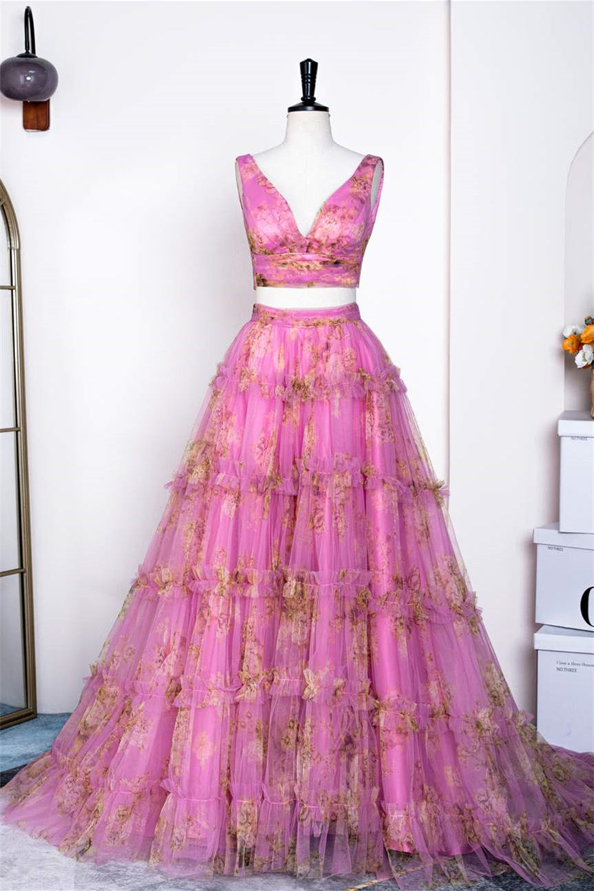 Two Piece Fuchsia Floral Formal Dress