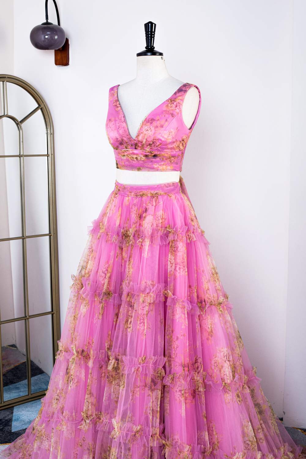 Two Piece Fuchsia Floral Formal Dress