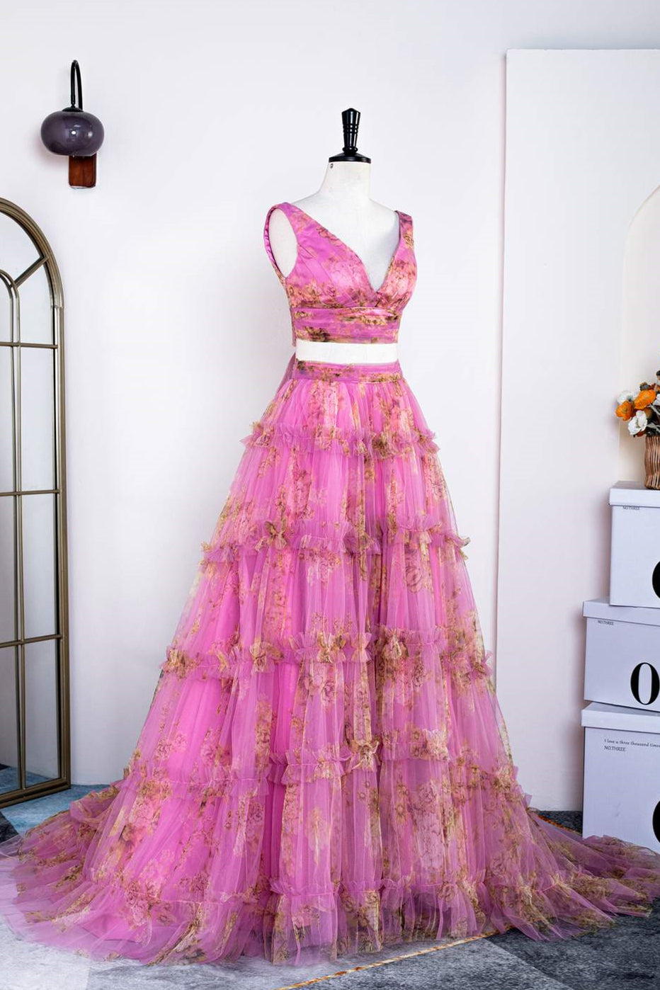 Two Piece Fuchsia Floral Formal Dress