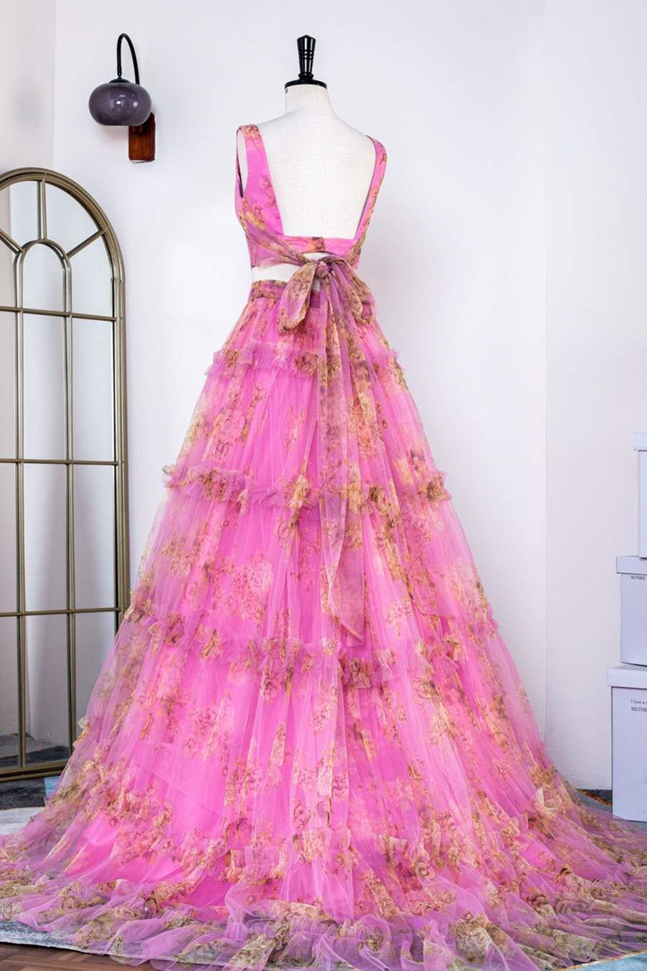 Two Piece Fuchsia Floral Formal Dress