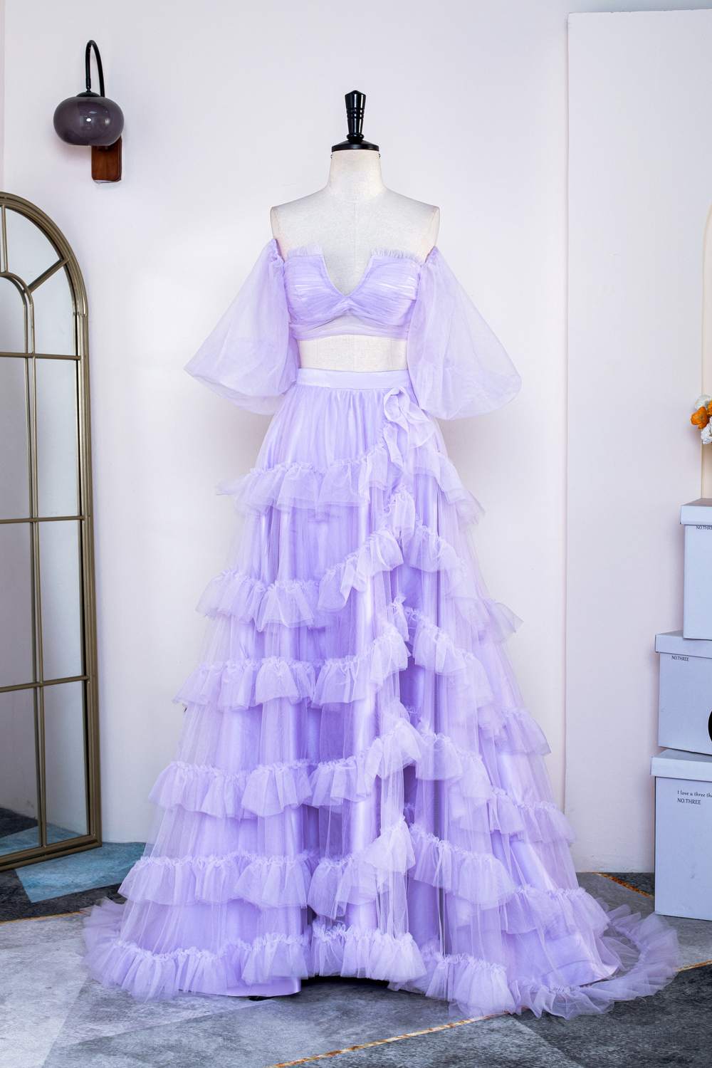 Two Piece Lavender Tulle Ruffles Prom Gown