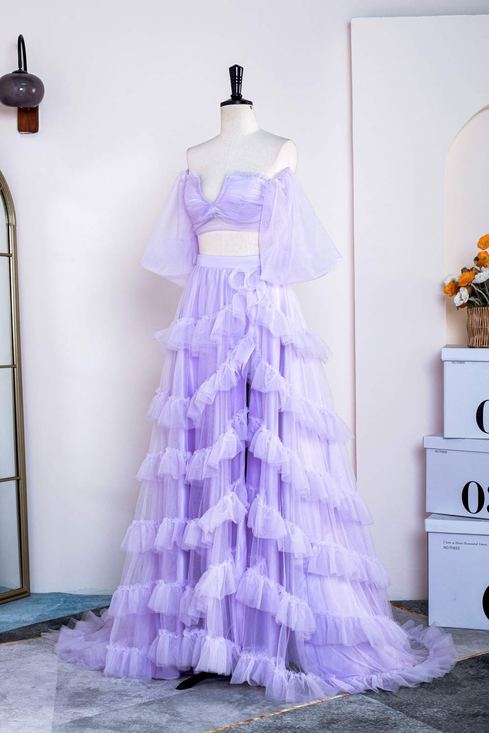 Two Piece Lavender Tulle Ruffles Prom Gown