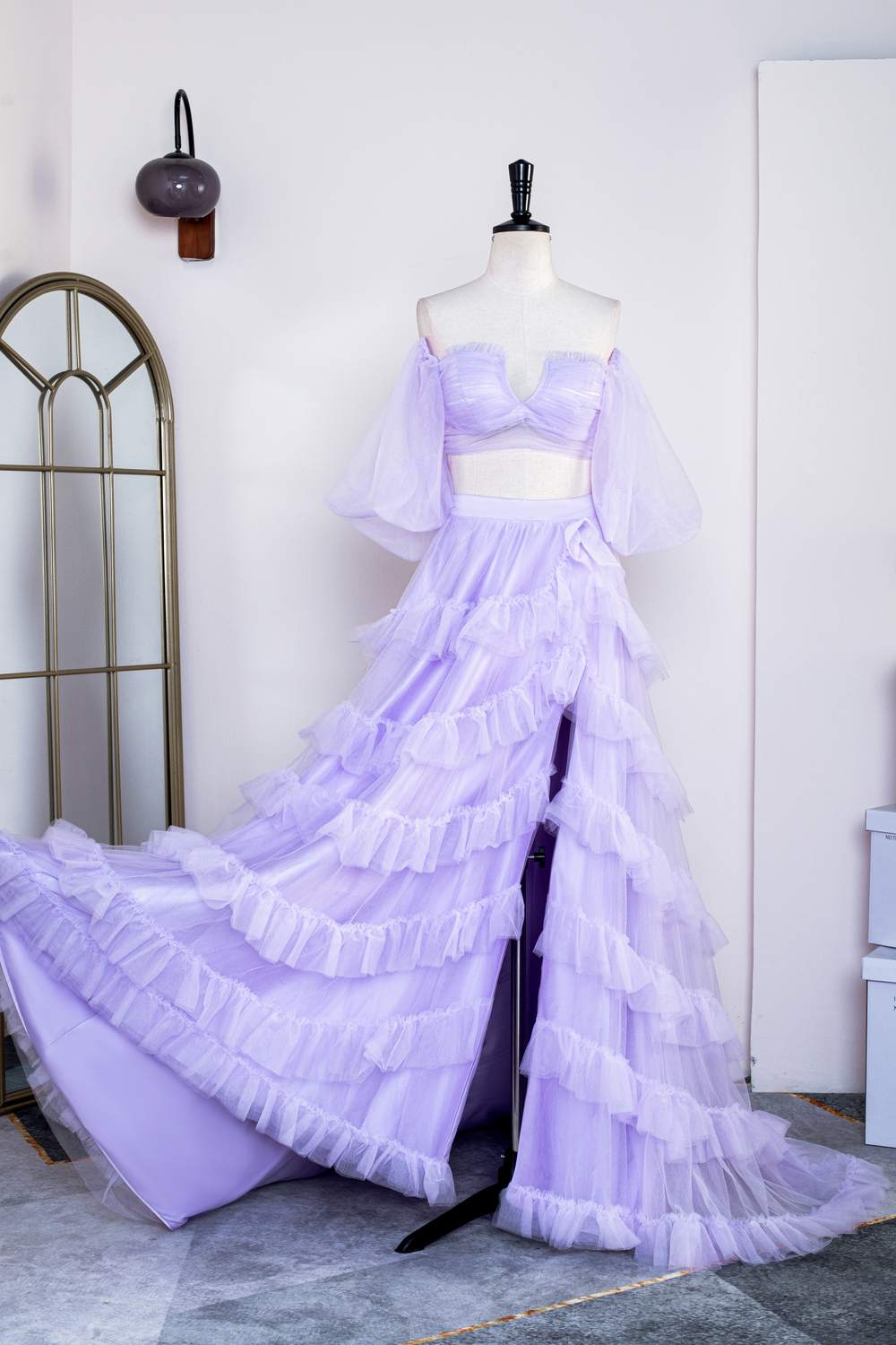 Two Piece Lavender Tulle Ruffles Prom Gown