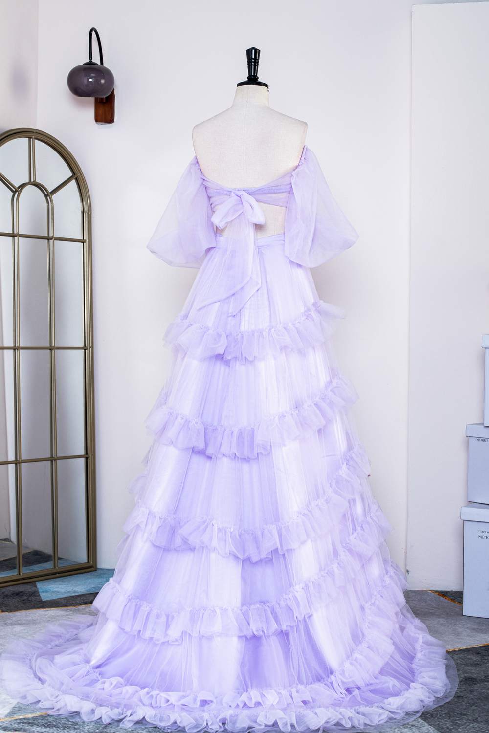 Two Piece Lavender Tulle Ruffles Prom Gown