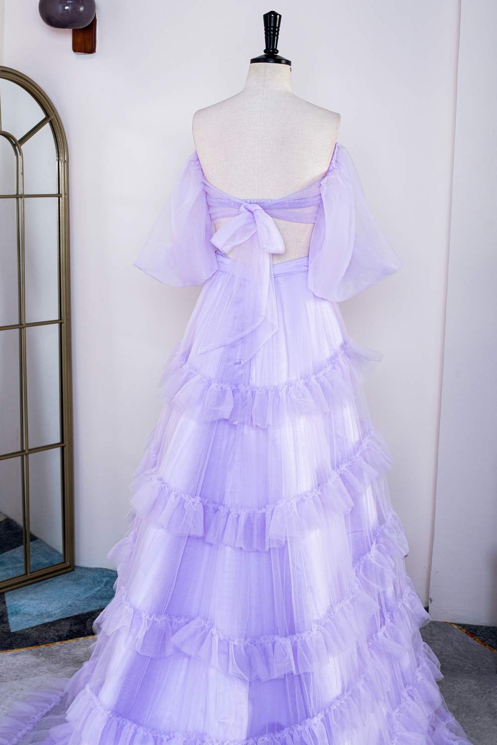 Two Piece Lavender Tulle Ruffles Prom Gown