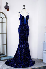 Straps Royal Blue Sequin Mermaid Prom Dress