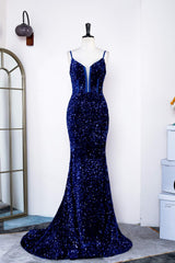Straps Royal Blue Sequin Mermaid Prom Dress