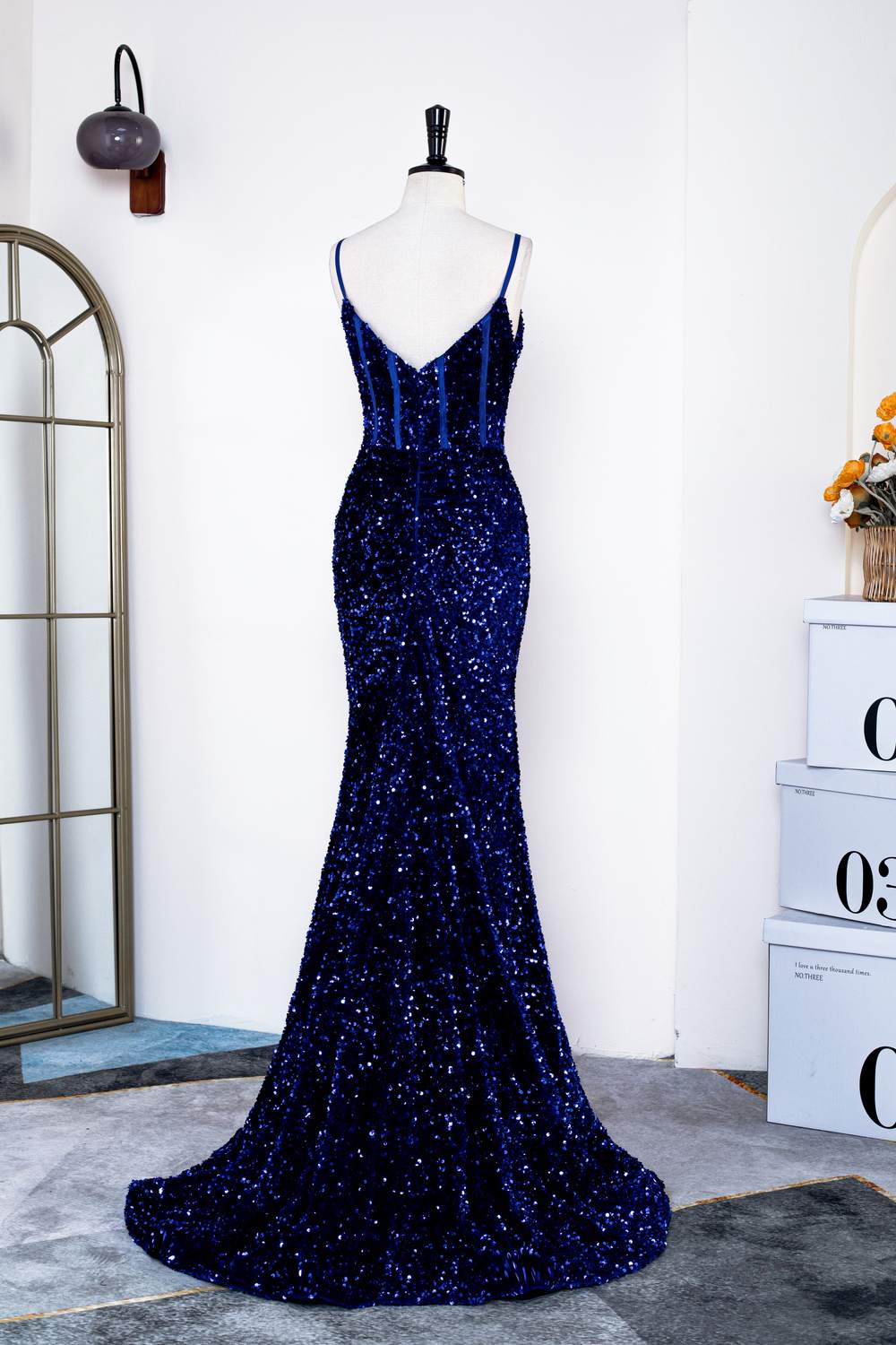 Straps Royal Blue Sequin Mermaid Prom Dress