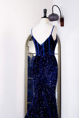 Straps Royal Blue Sequin Mermaid Prom Dress
