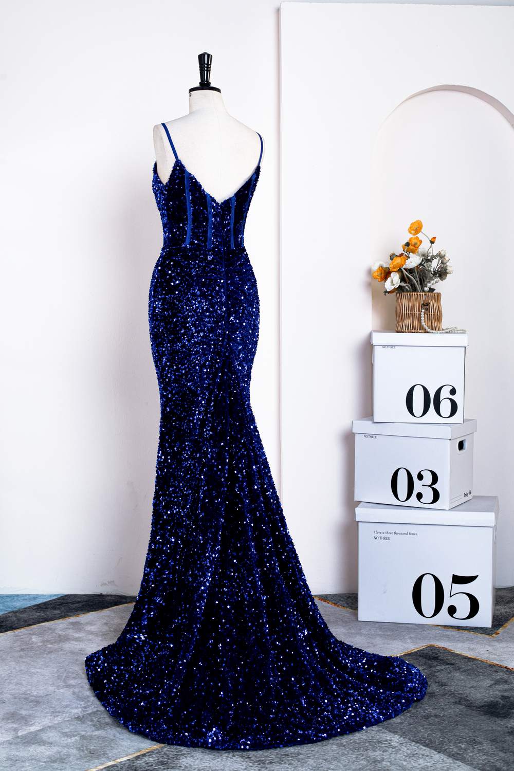 Straps Royal Blue Sequin Mermaid Prom Dress