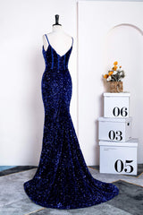 Straps Royal Blue Sequin Mermaid Prom Dress