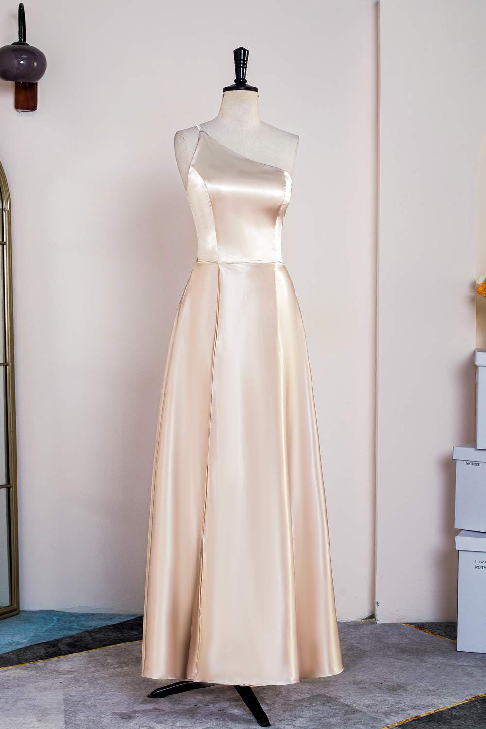 One Shoulder Champagne A-line Tea Length Dress