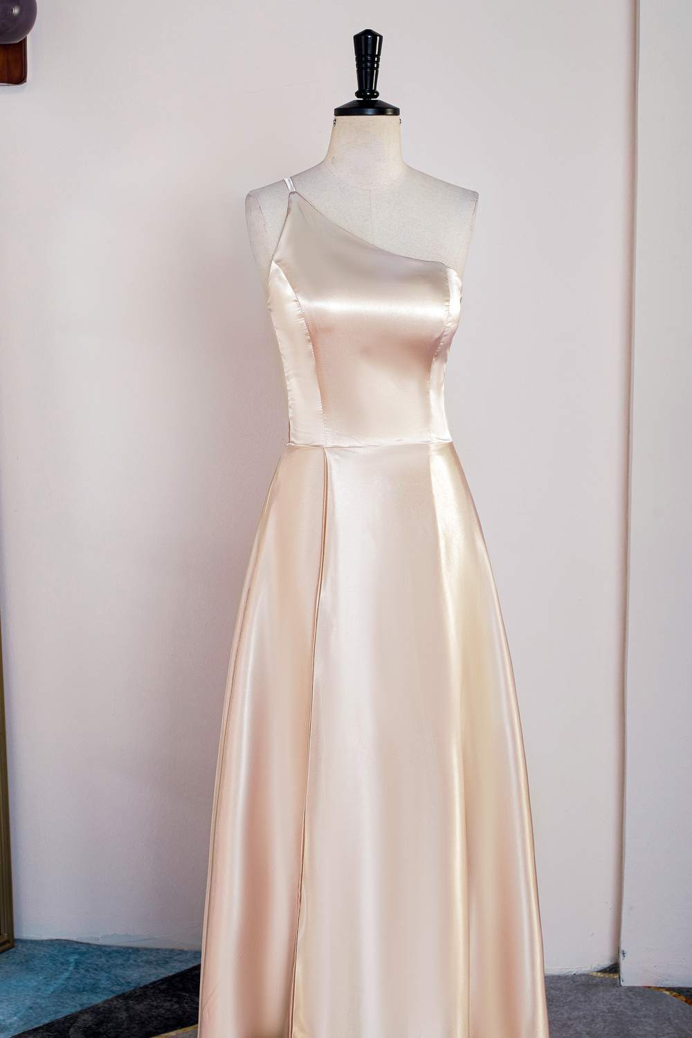 One Shoulder Champagne A-line Tea Length Dress