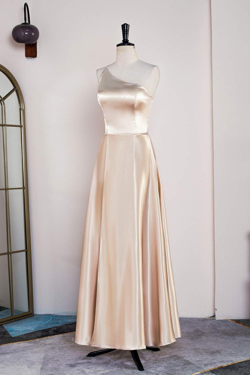 One Shoulder Champagne A-line Tea Length Dress