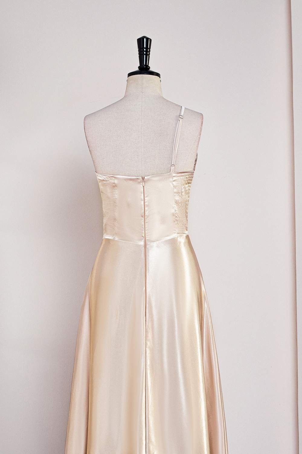 One Shoulder Champagne A-line Tea Length Dress