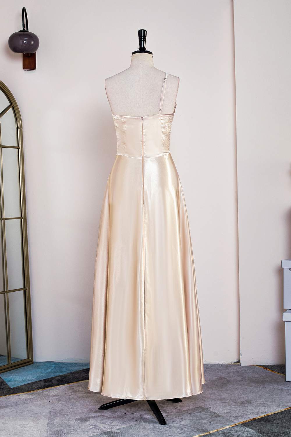 One Shoulder Champagne A-line Tea Length Dress