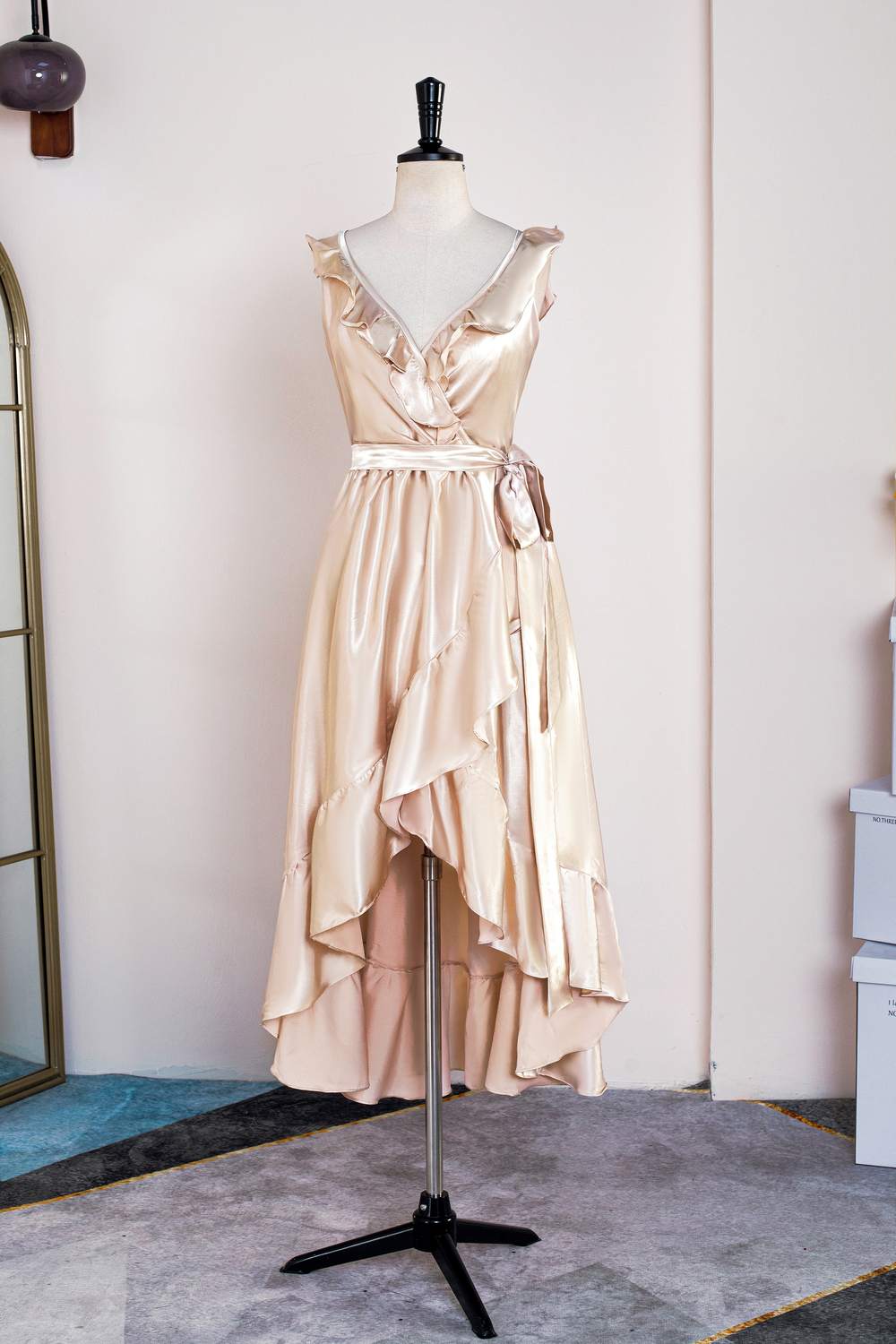 Champagne Ruffles Faux Wrap Tea Length Dress