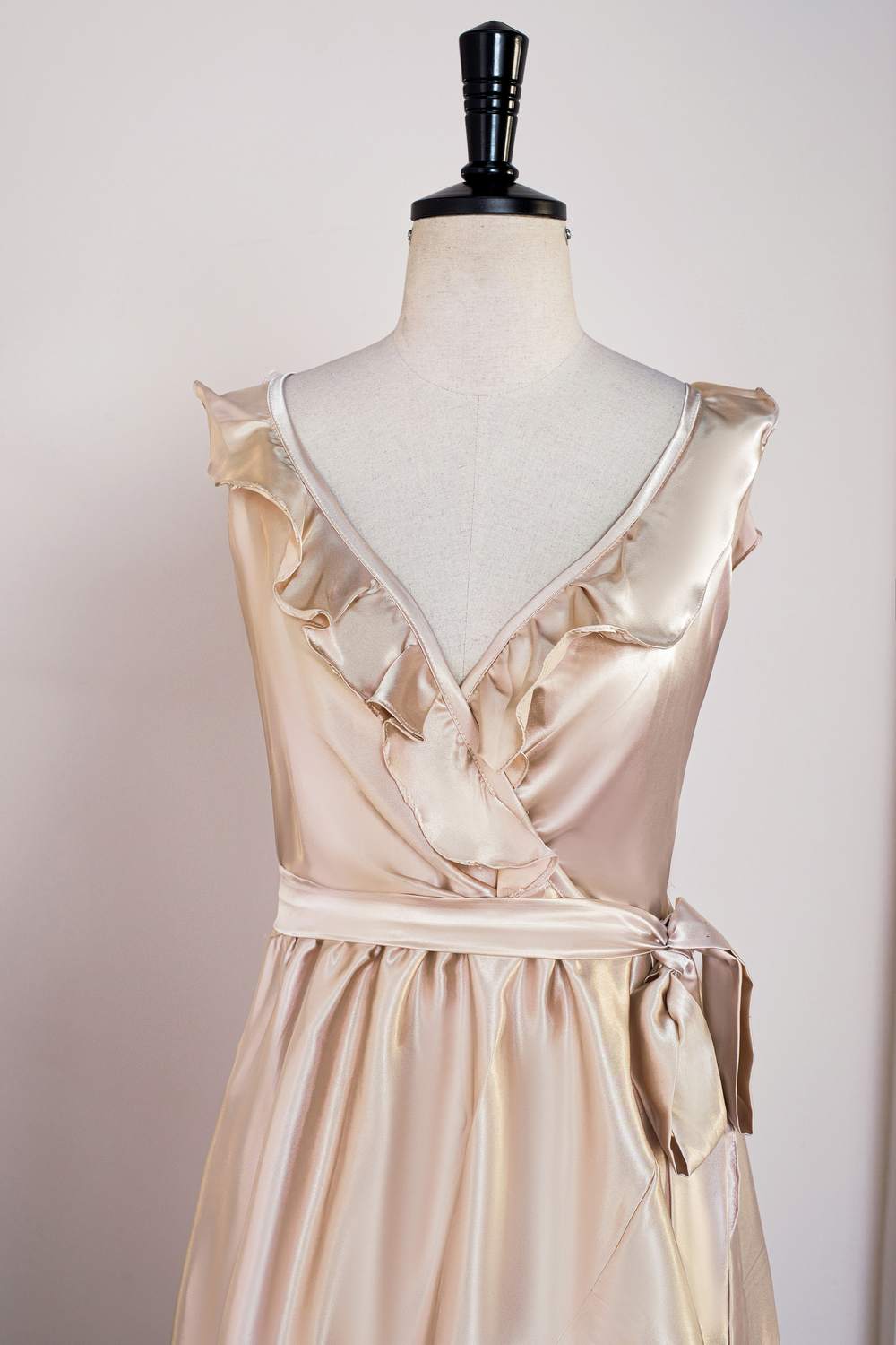 Champagne Ruffles Faux Wrap Tea Length Dress