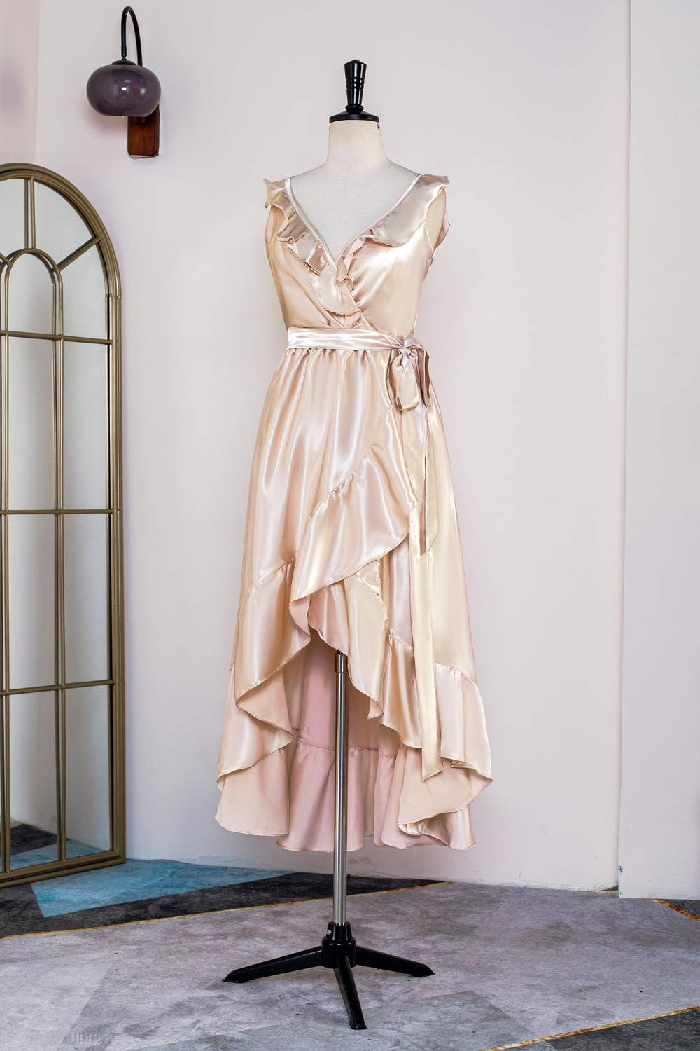 Champagne Ruffles Faux Wrap Tea Length Dress