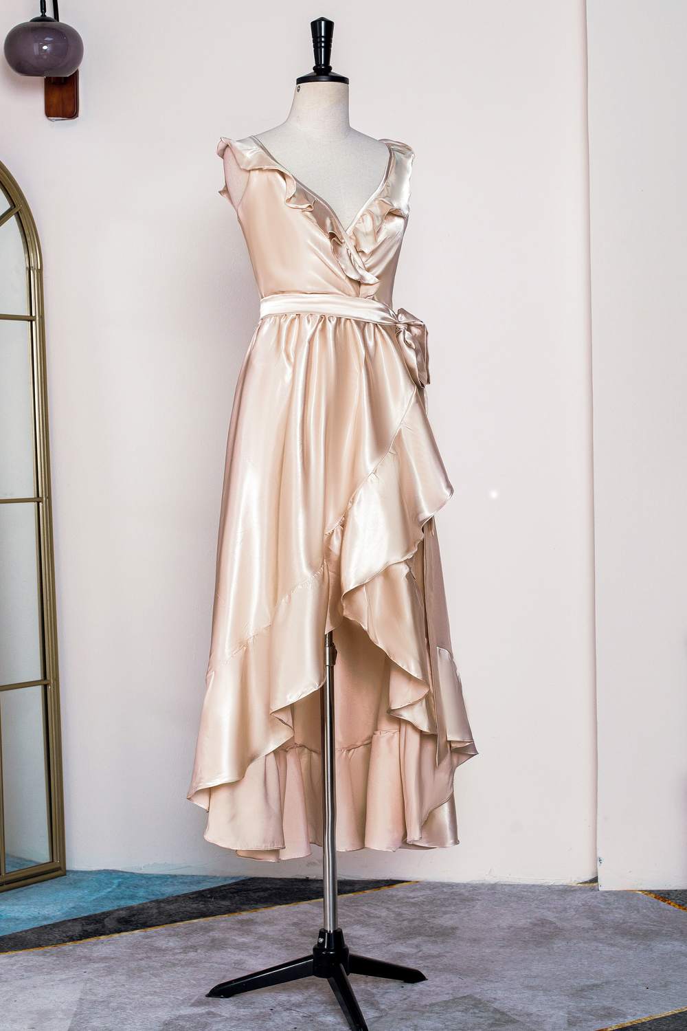 Champagne Ruffles Faux Wrap Tea Length Dress