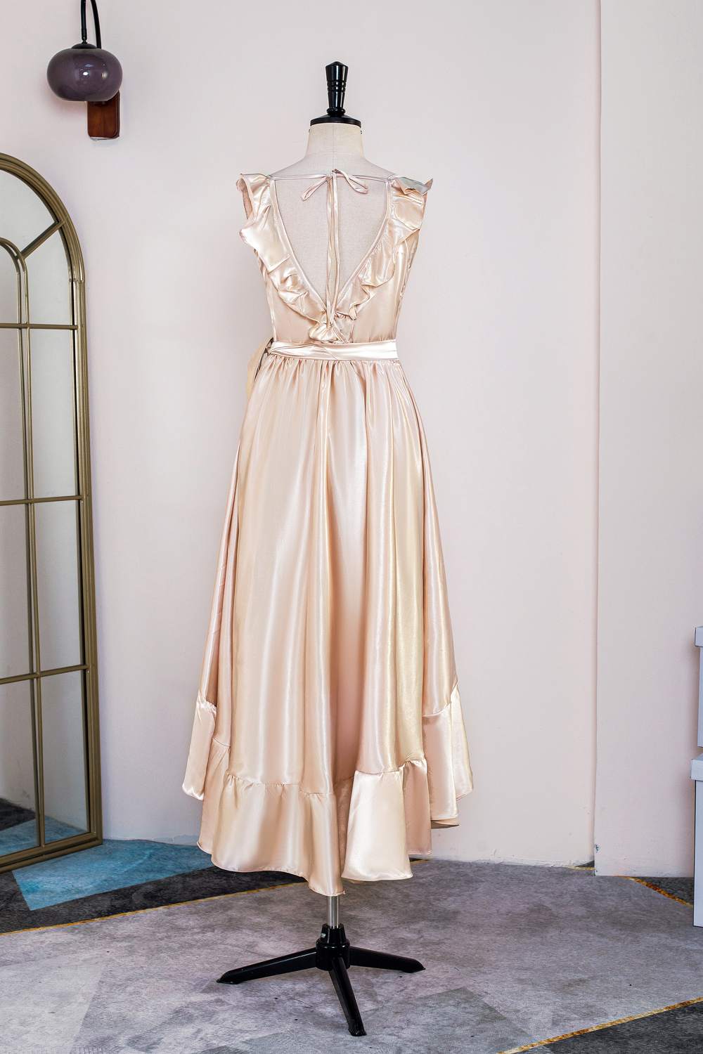 Champagne Ruffles Faux Wrap Tea Length Dress