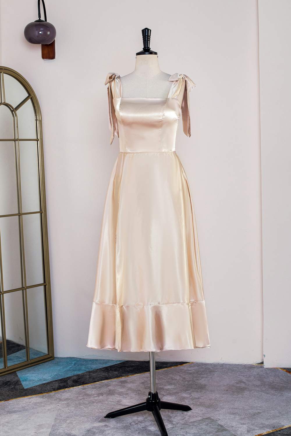 Champagne Squre Neck Tea Length Dress