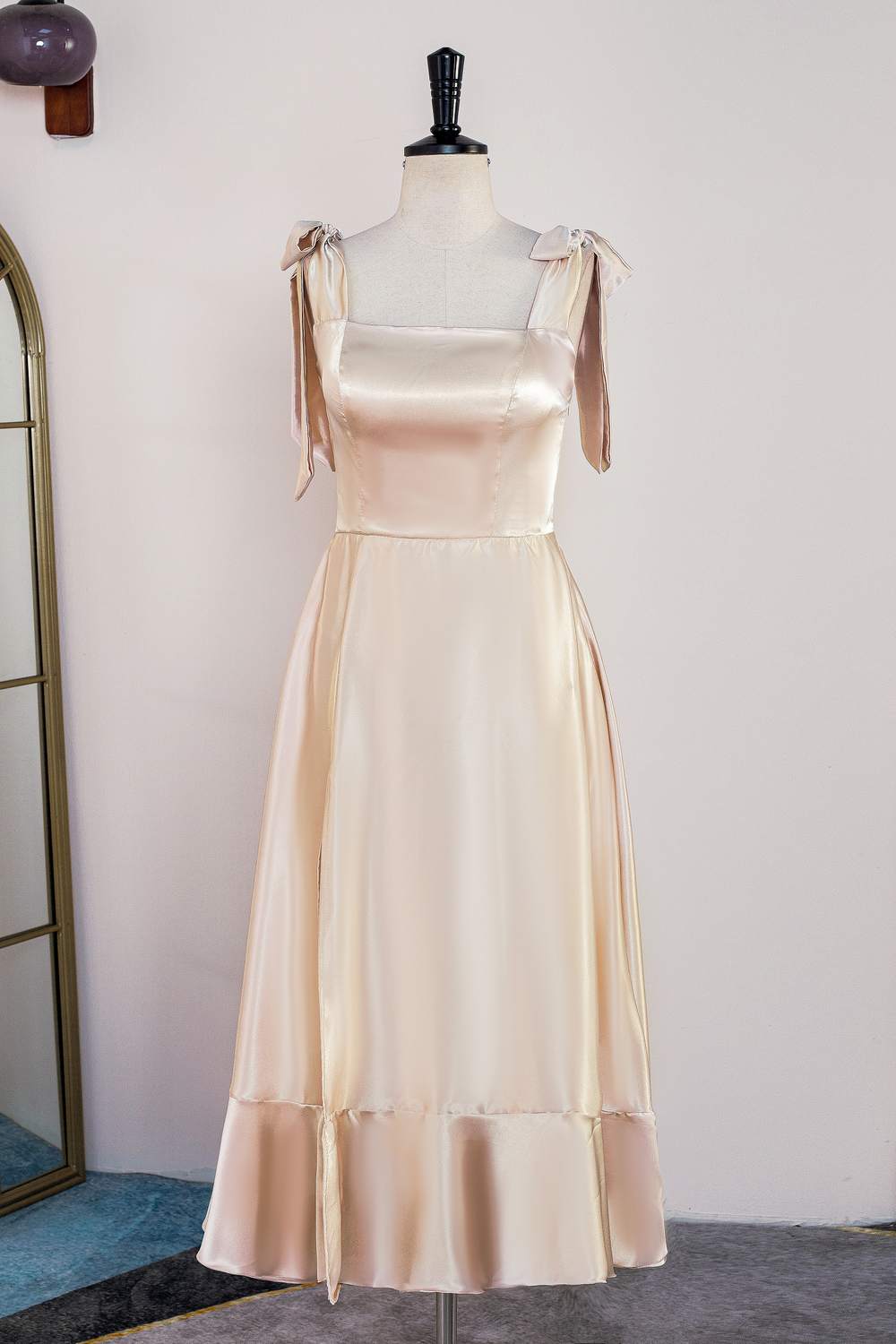 Champagne Squre Neck Tea Length Dress