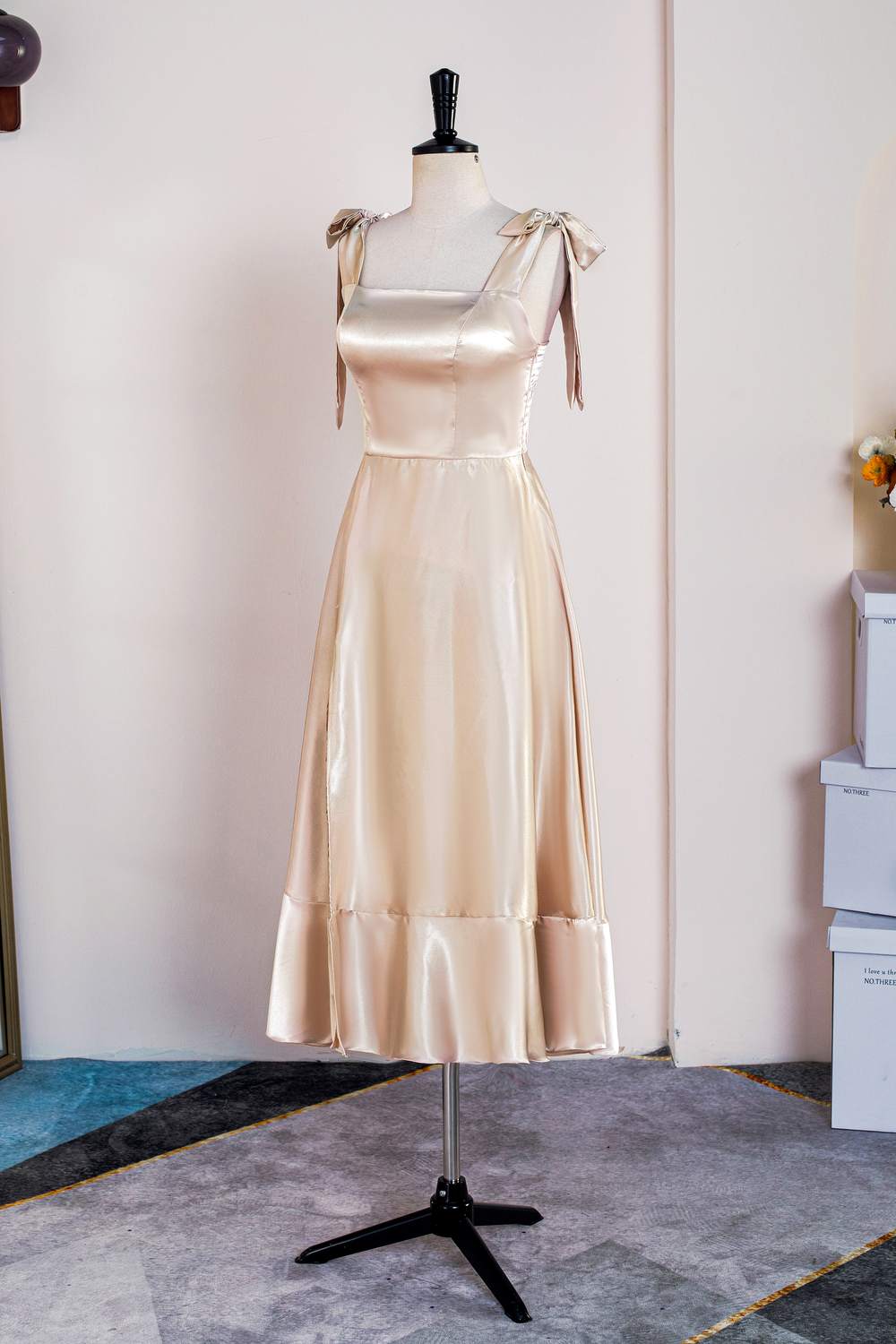 Champagne Squre Neck Tea Length Dress