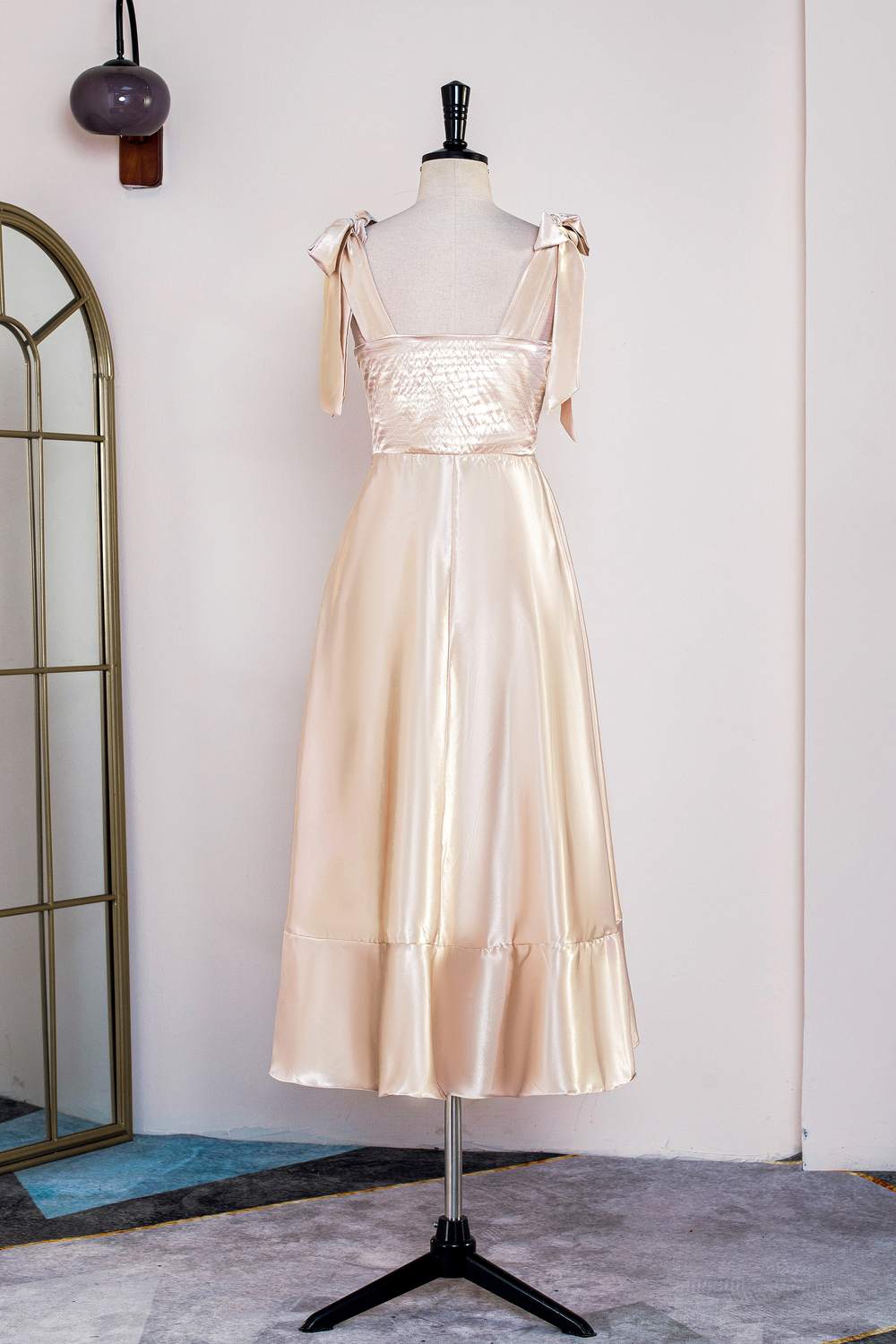 Champagne Squre Neck Tea Length Dress