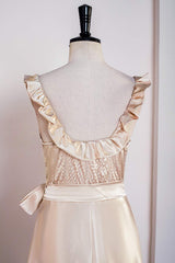 Ruffles Scoop Champagne Tea Length Dress