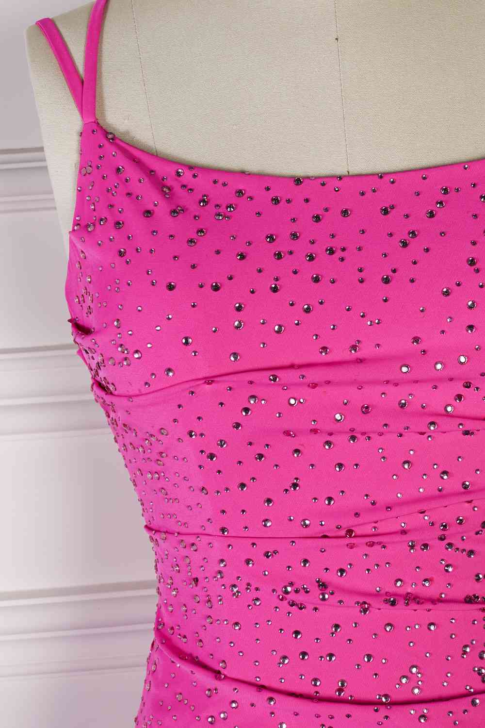 Lovely Sparkle Fuchsia Spaghetti Straps Tight Mini Dress With Diamond