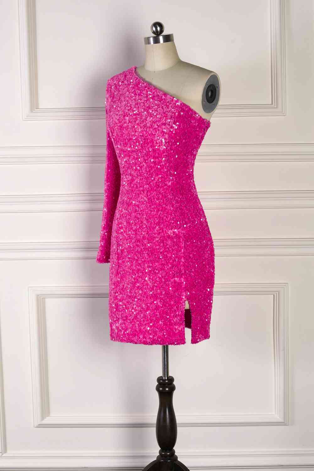 Sparkle Fuchsia Sequin One-Shoulder Mini Bodycon Dress