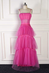 Hot Pink Spaghetti Straps Tiered Ruffles Long Party Dress