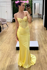 Yellow Sweetheart Embroidered Mermaid Gown
