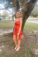 Strapless Red Satin Tight Mini Dress with Train