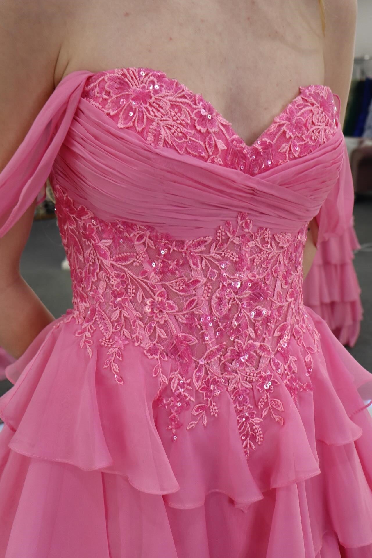 Hot Pink Off-Shoulder A-Line Corset Gown