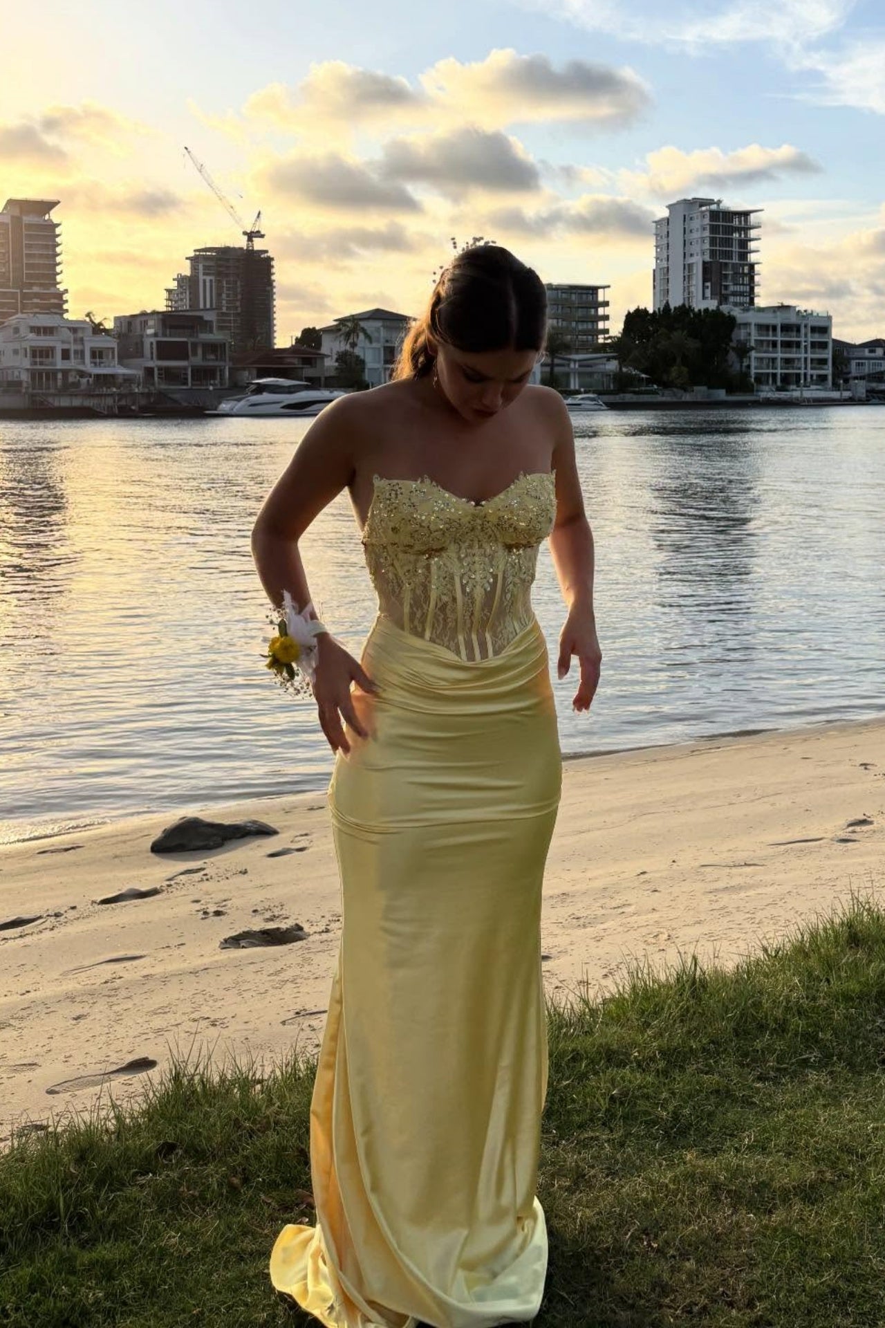 Yellow Sweetheart Embroidered Mermaid Gown