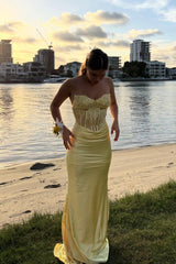 Yellow Sweetheart Embroidered Mermaid Gown