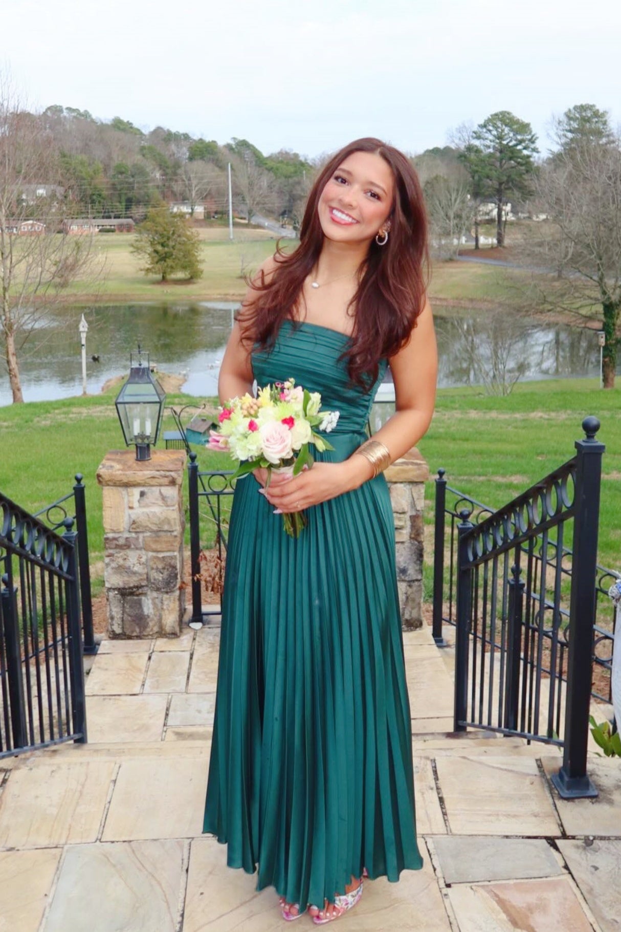 Forest Green Satin Strapless A-Line Maxi Dress