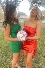 Strapless Red Satin Tight Mini Dress with Train