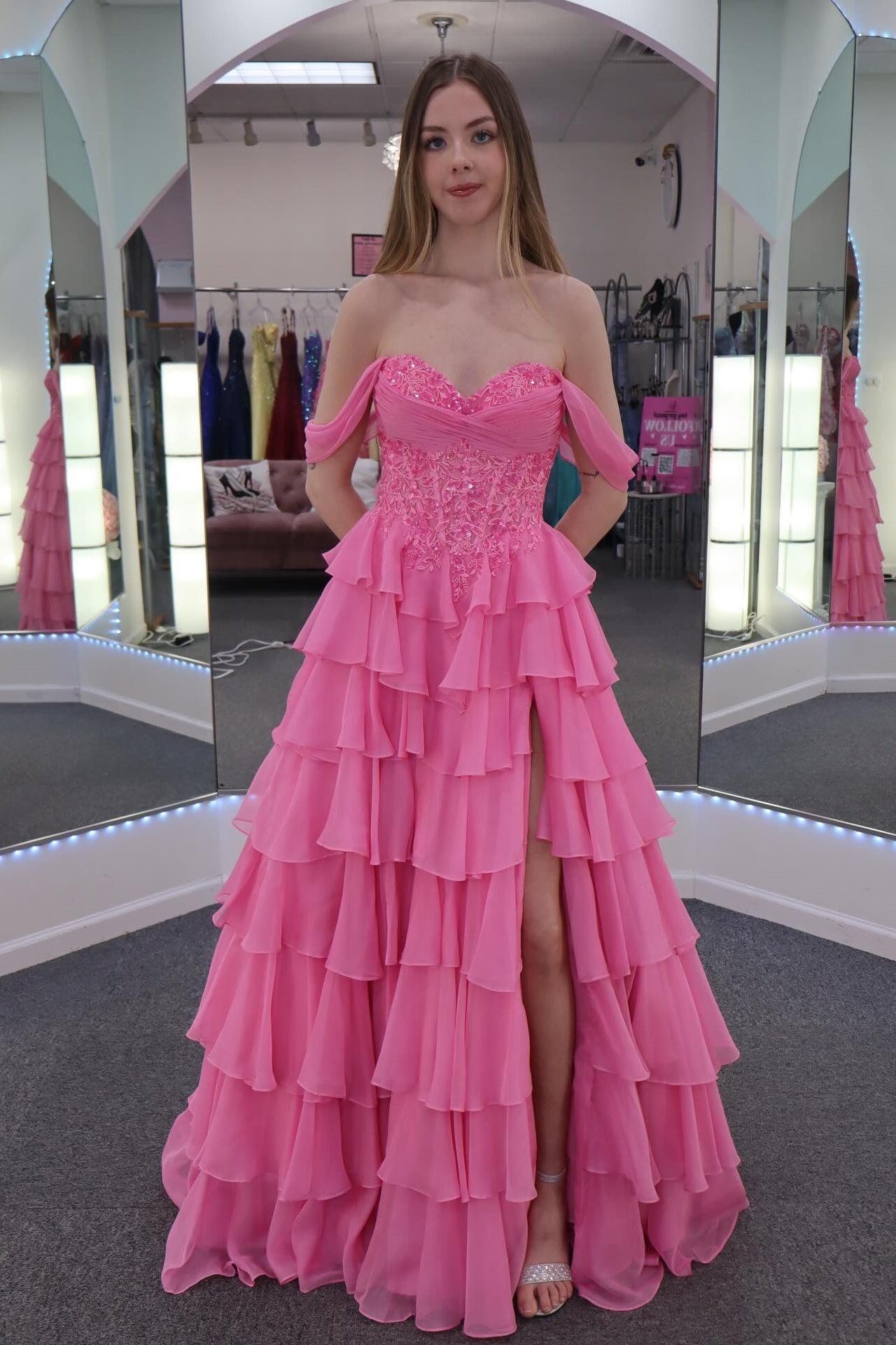 Hot Pink Off-Shoulder A-Line Corset Gown