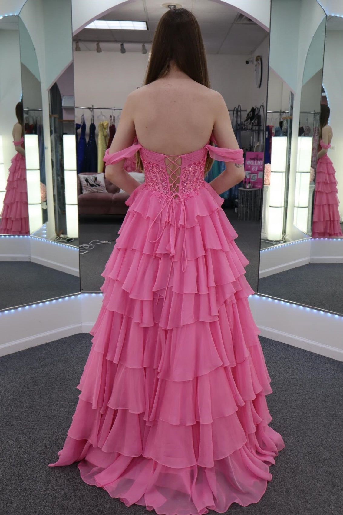 Hot Pink Off-Shoulder A-Line Corset Gown